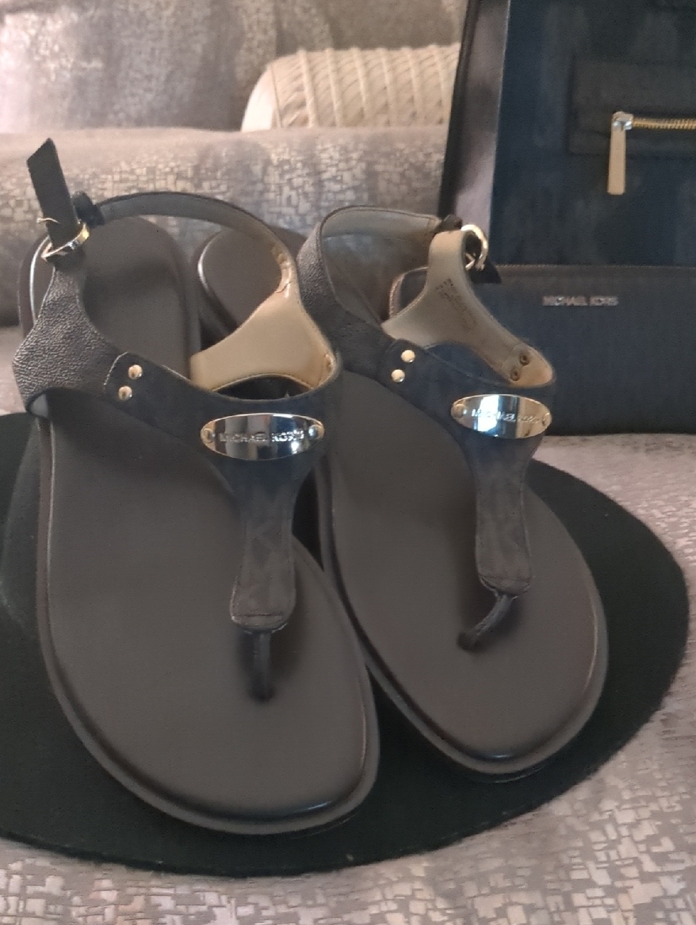Michael Kors Brown T-Strap Logo Sandals Gold Hardware